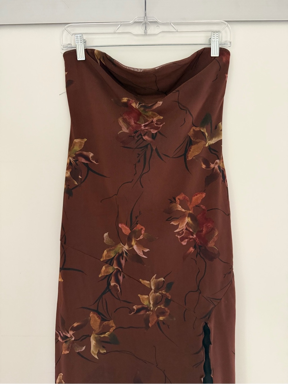 Strapless Brown Floral Dress Side Slit - Picture 2 of 4